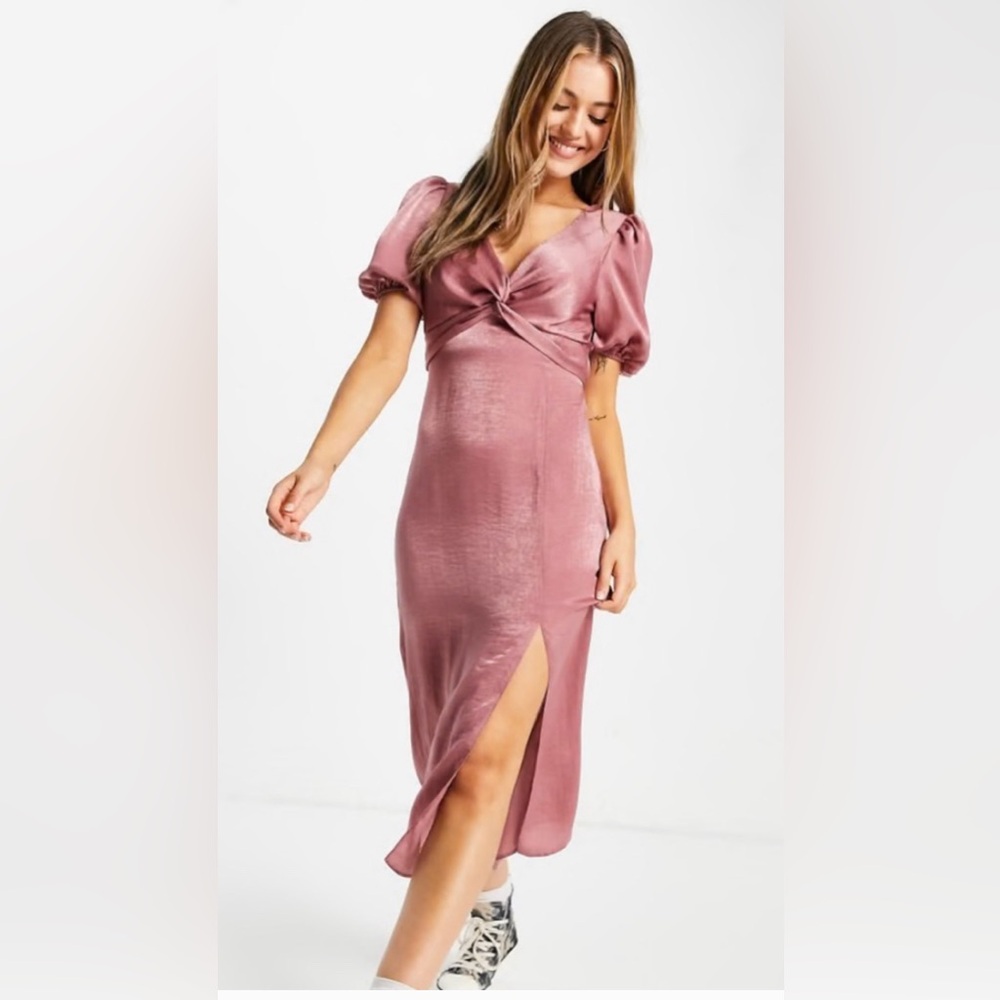 Miss Selfridge Mauve Pink Satin Twist Front Midi Dress